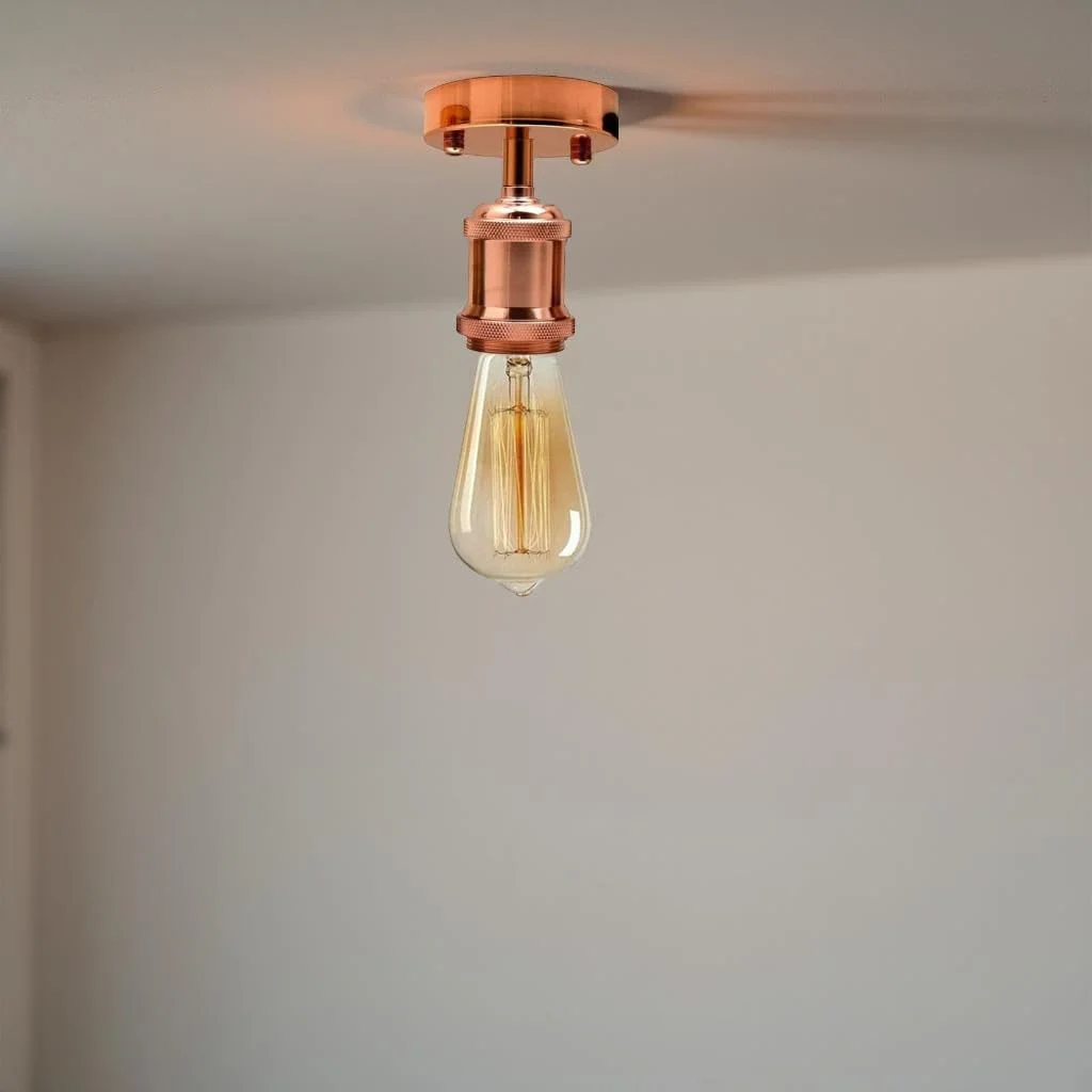 Vintage ceiling light with metal holder and warm LED glow, designed for indoor ceiling installation with E27 bulb base