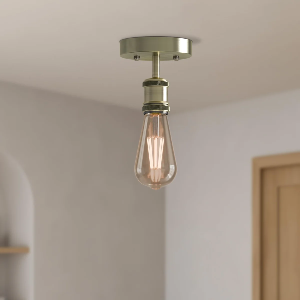 Vintage ceiling light with metal holder and soft warm glow, suitable for living room or bedroom ceiling installation