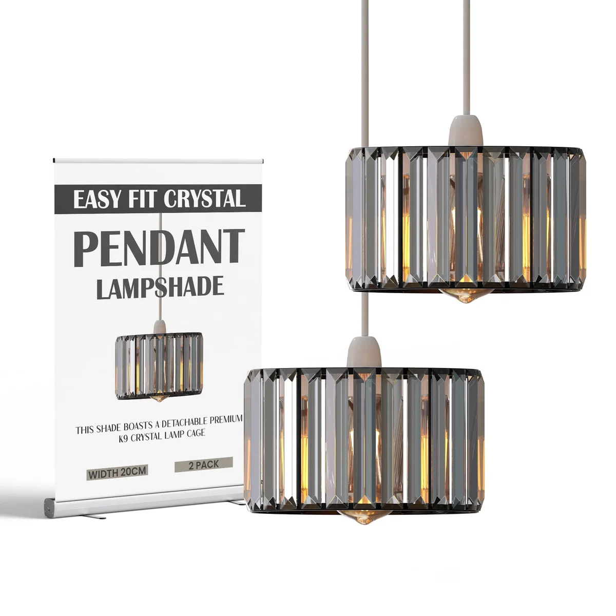 Crystal drum lampshade with black base and gleaming iridescent crystals, modern drum shape and reducer ring