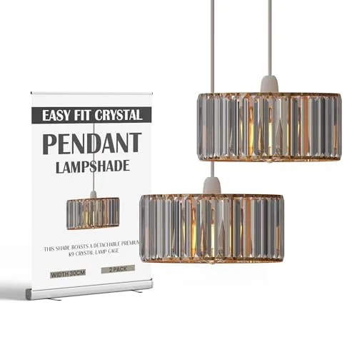 Modern ceiling lampshade, sleek black drum shape with clear iridescent crystal accents, 20 cm diameter, 12 cm height.