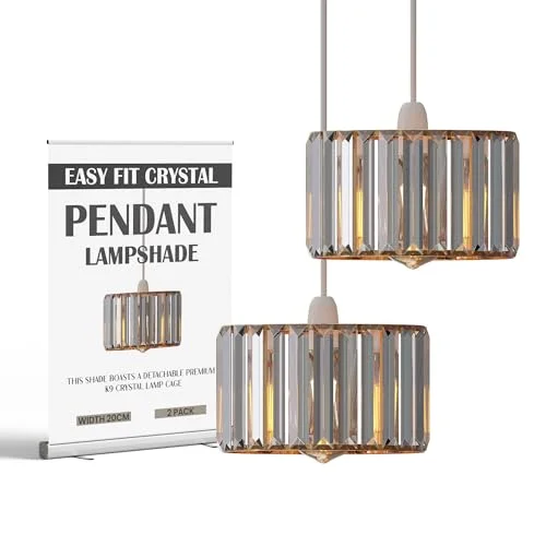 Sleek black drum‑shaped crystal lamp shade with clear iridescent crystals, easy fit unit with reducer ring