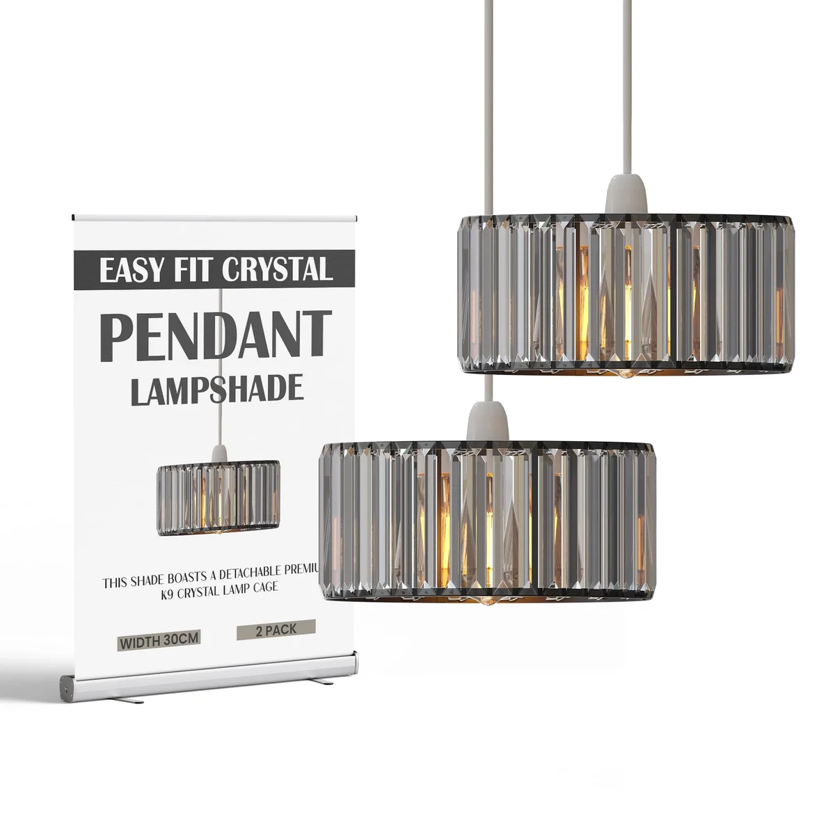 Black drum-shaped ceiling light shade with clear iridescent crystal panels, 20 cm dia, 12 cm tall.