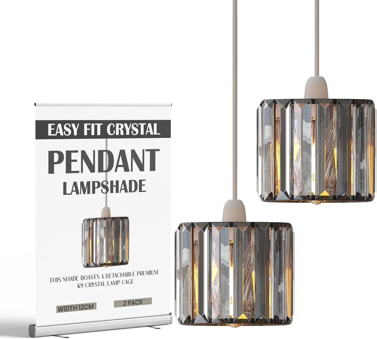 Black crystal drum lampshade with clear K9 crystal accents, 20 cm diameter, 12 cm height, design for ceiling or table lamp.