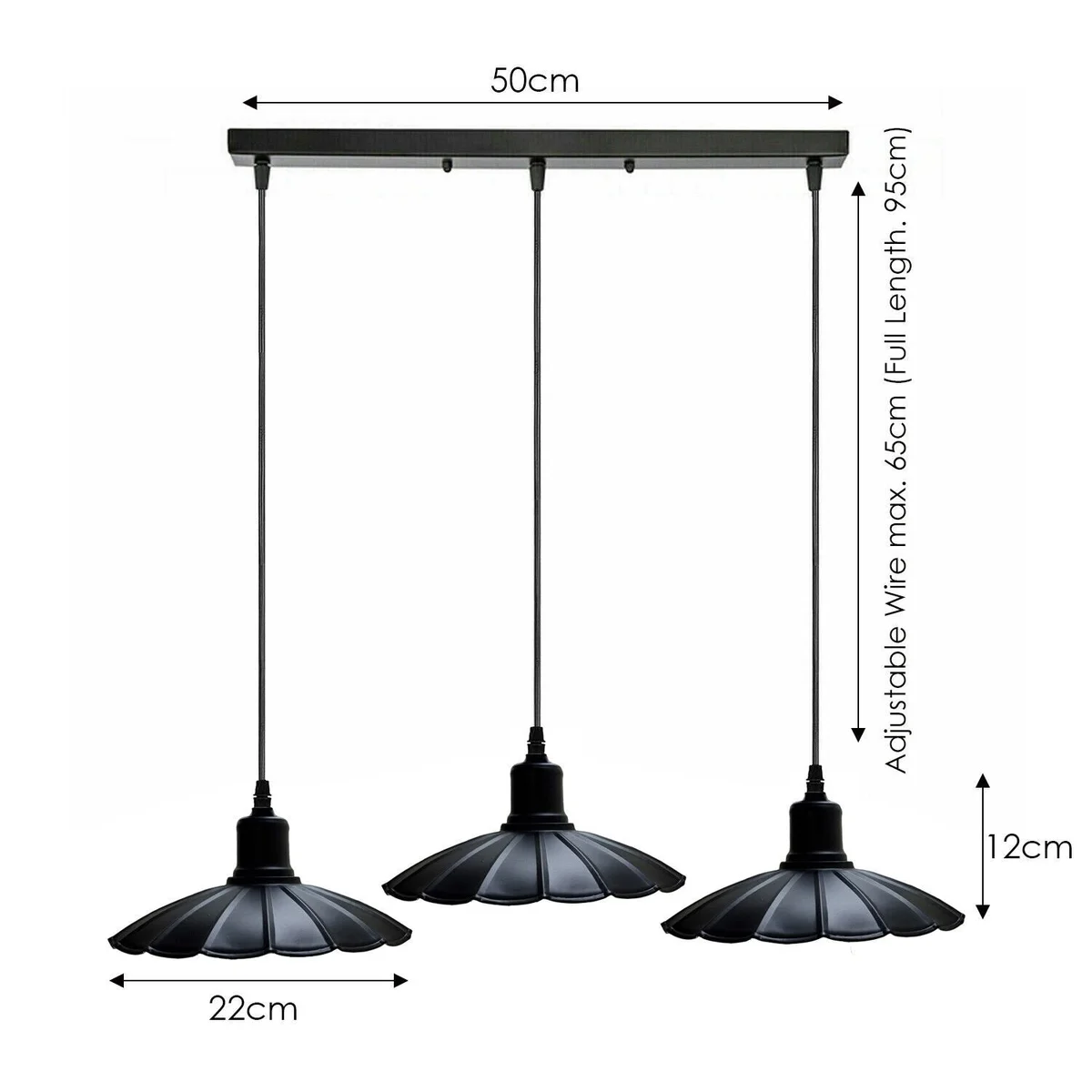 Black metal pendant light with three industrial-style metal shades hanging from a 95cm PVC cable