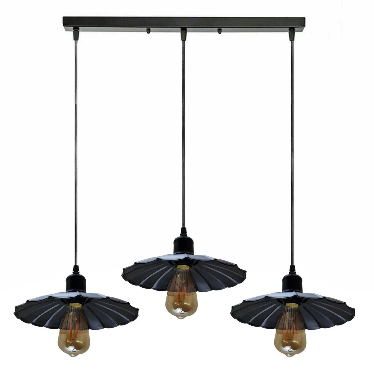 Black vintage industrial 3 head ceiling light with metal shades and 95cm PVC cable hanging against a white background