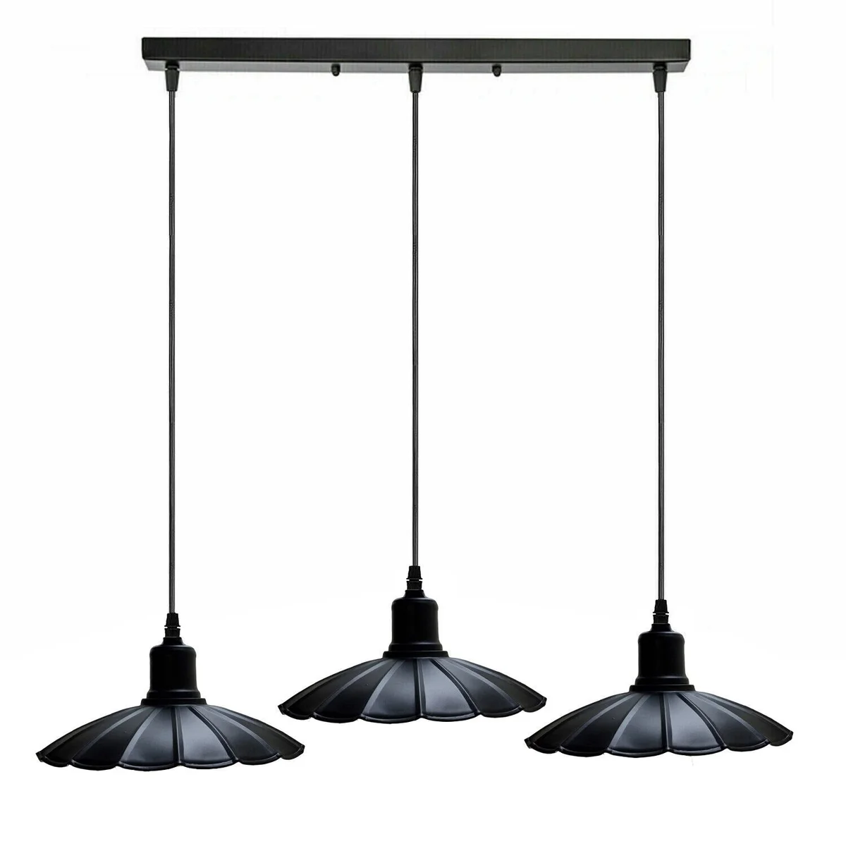 Black vintage industrial 3-head pendant light with metal shades and E27 bulb pendant lamp sockets hanging from PVC cables