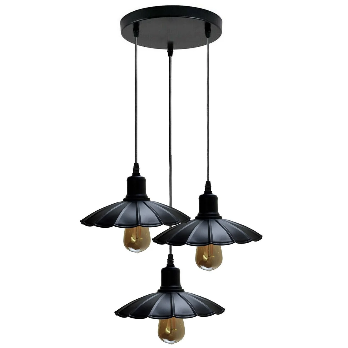 Three black metal shade pendant lights with E27 bases hanging from 95cm PVC cables in vintage industrial style