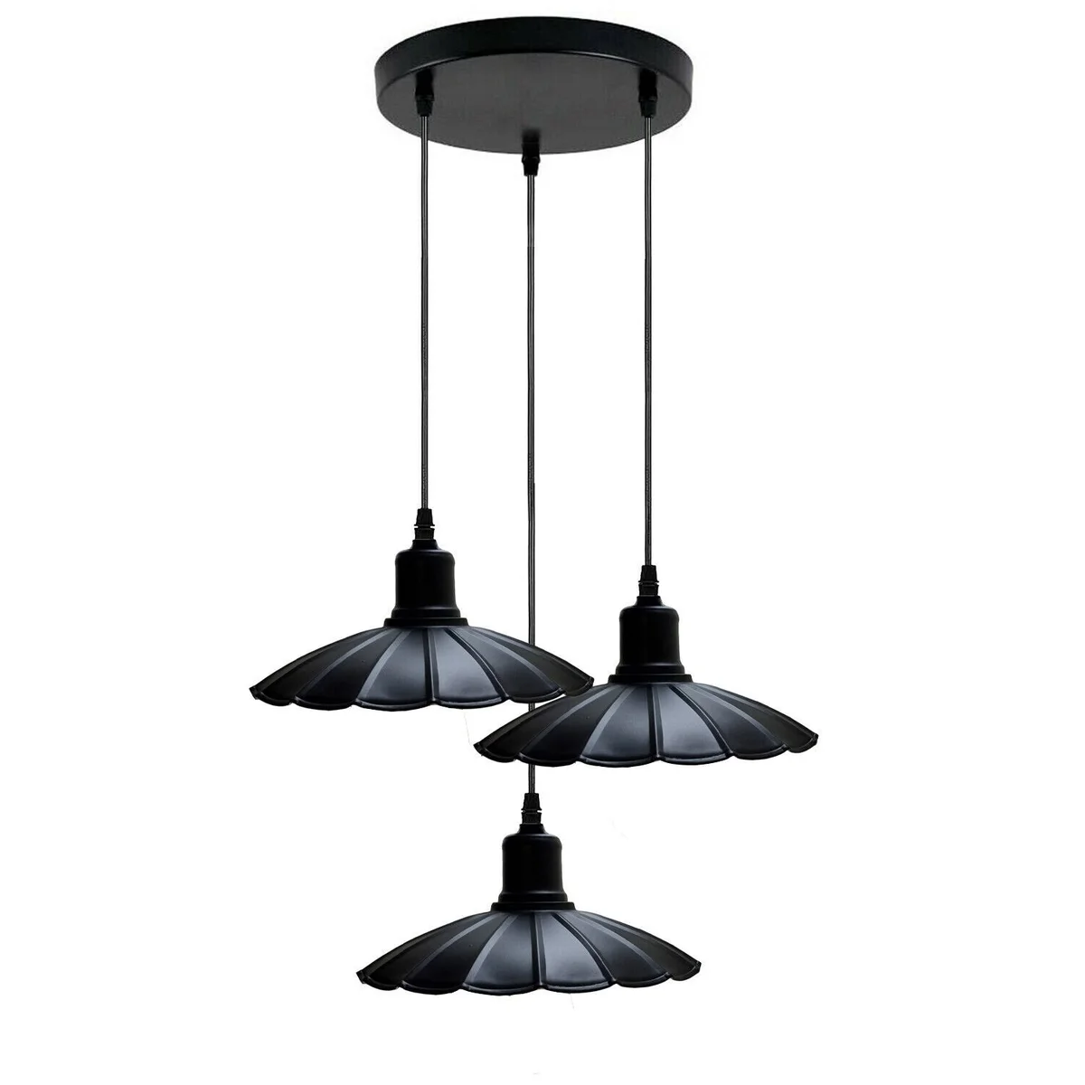 Black vintage industrial pendant light with three metal shades and 95cm PVC cables hanging against white background