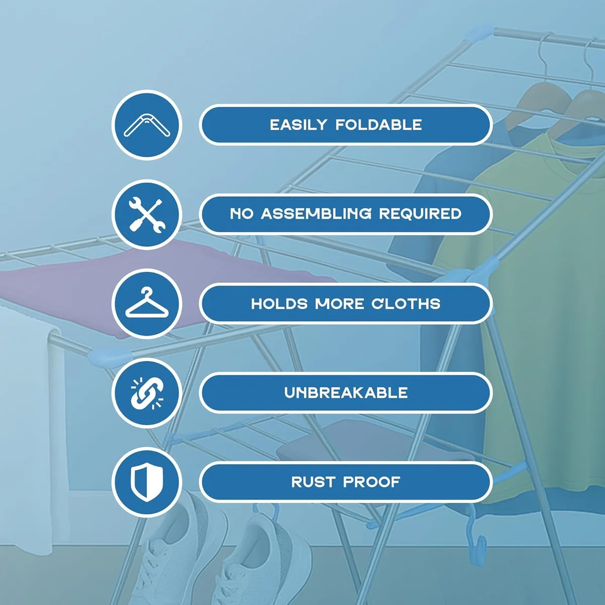 Foldable multi-tier stainless steel airer with white and pink frame holding clothes, shown folded for compact storage