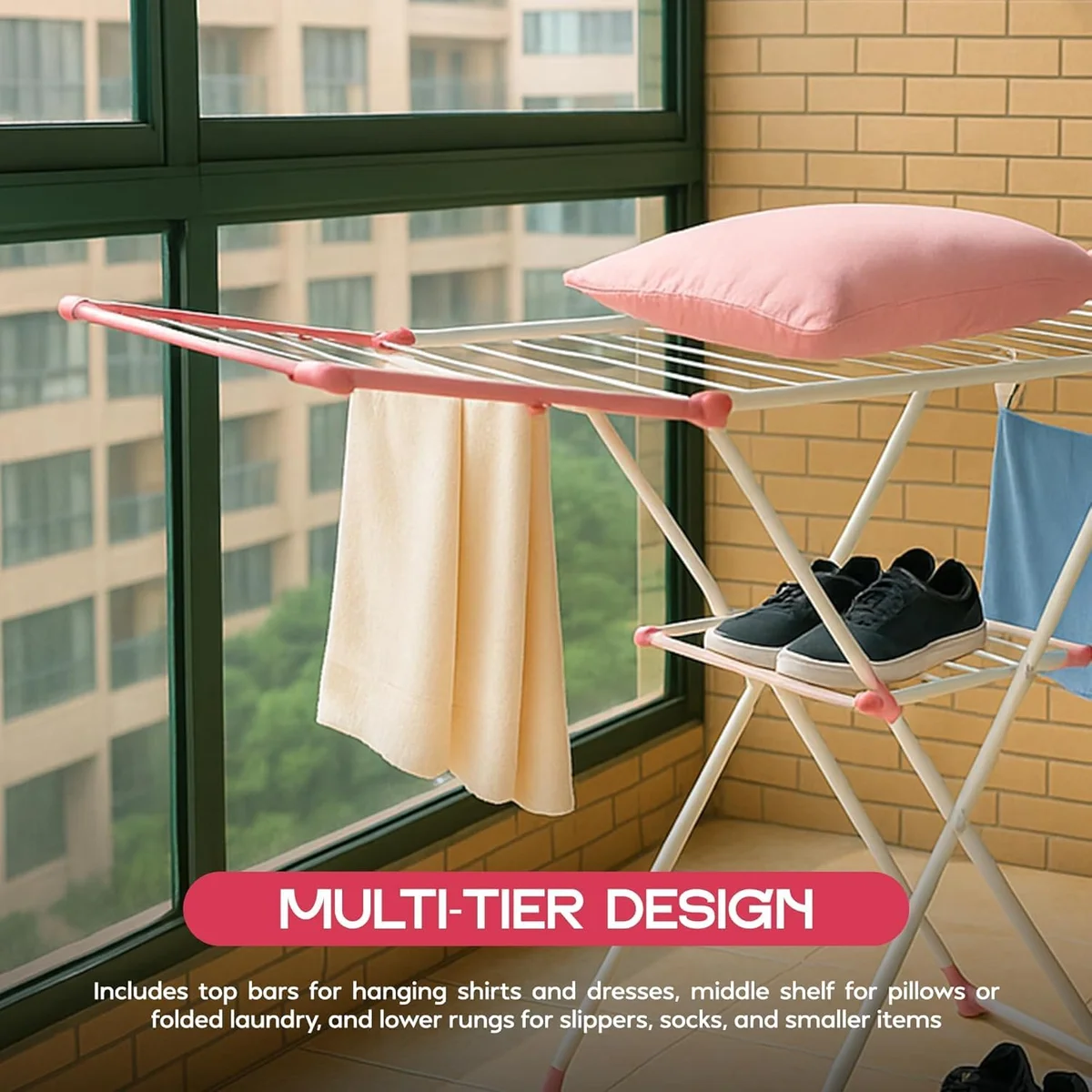 Foldable clothes drying rack with three tiers, white and pink stainless steel frame, shown folded for compact storage