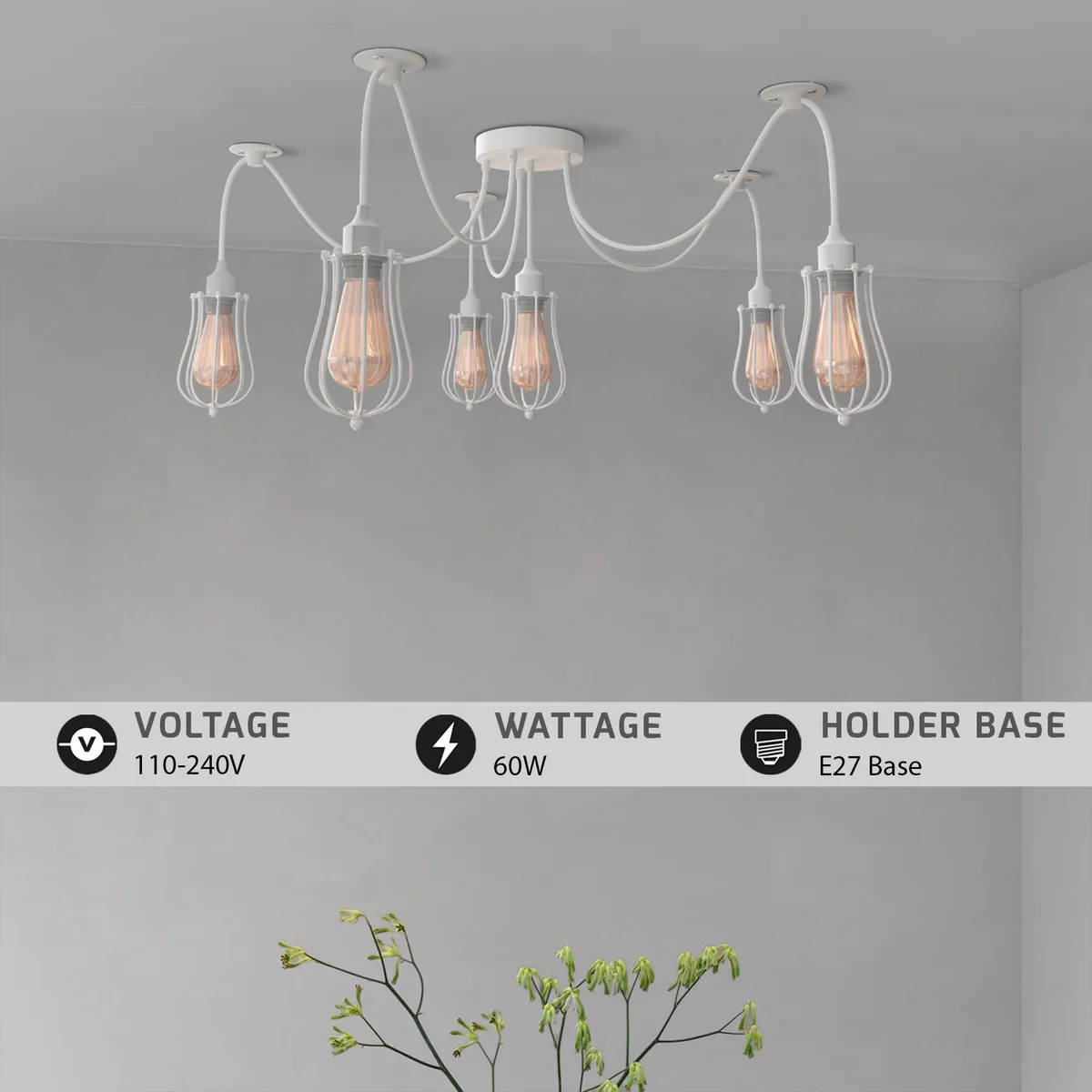 White 5-way spider pendant adjustable height ceiling lamp with metal cages and fabric-covered cables hanging from ceiling plate