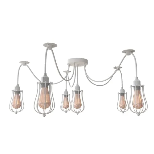 White metal spider ceiling light with six adjustable fabric-covered cables and wire cage shades hanging from ceiling plate