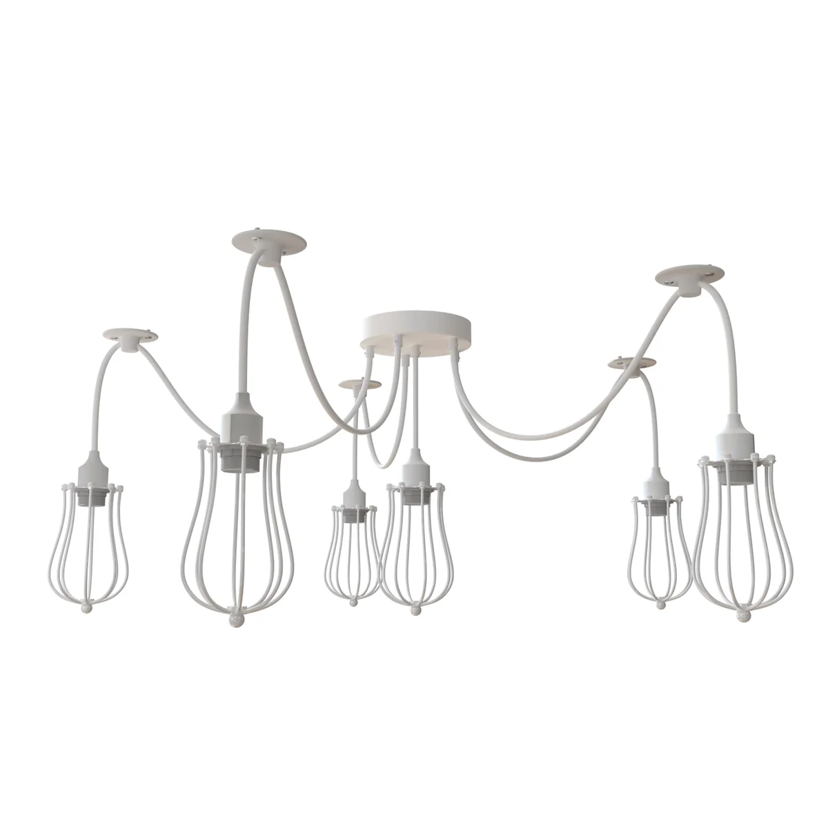 White industrial 5-way spider pendant light with adjustable cables and wire cages, compatible with E27 bulb pendant light bulbs