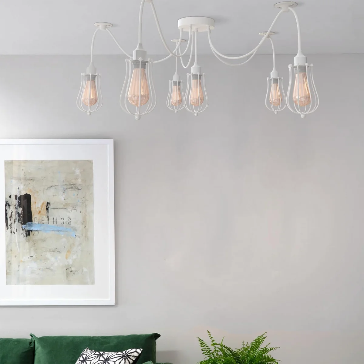 White 5-way spider pendant light with fabric covered cable light, metal wire cages, adjustable hanging length, vintage industrial style