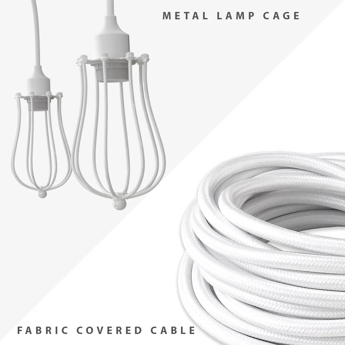 White industrial spider pendant light with six adjustable fabric-covered cables and metal wire cages hanging from ceiling plate