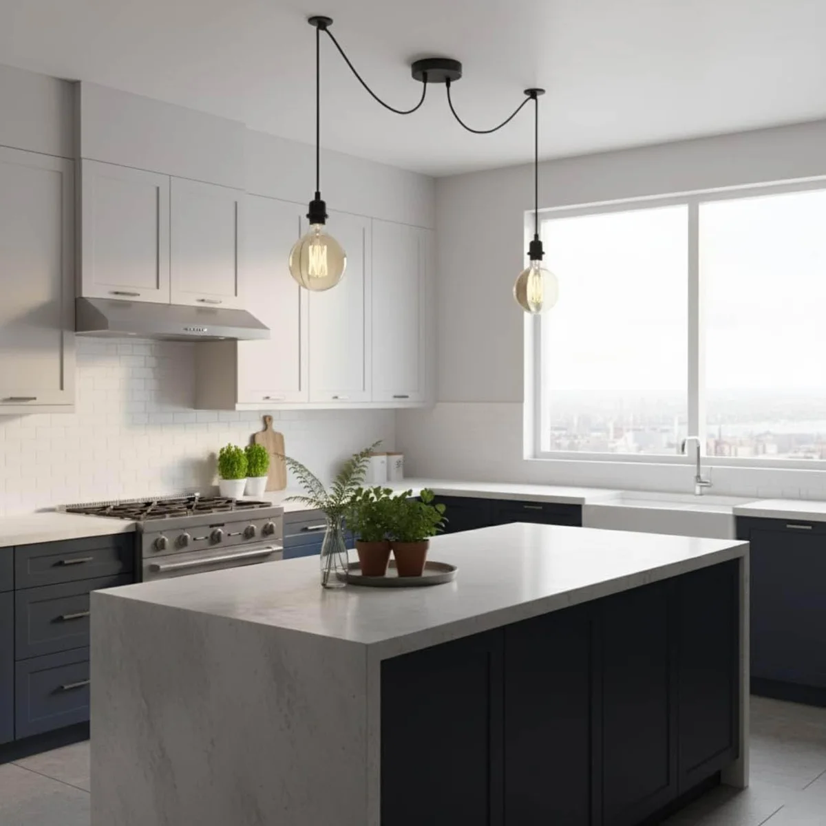 Modern industrial 2 light pendant lamp with two exposed bulbs and adjustable black fabric cables hanging from ceiling rose