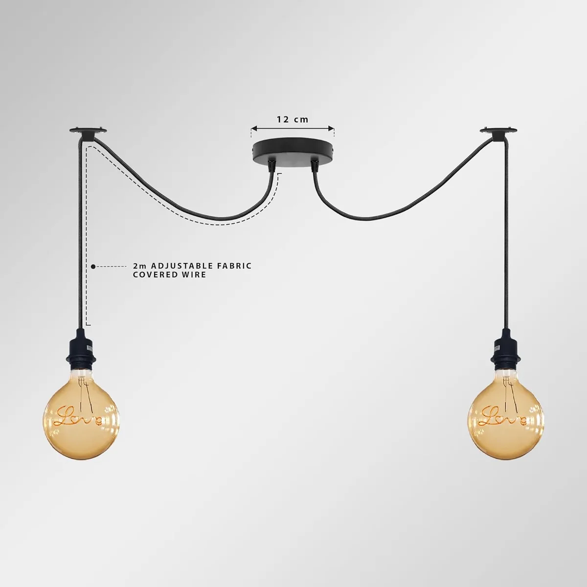 Modern industrial pendant with two exposed bulbs and adjustable black fabric cords hanging from a metal ceiling rose