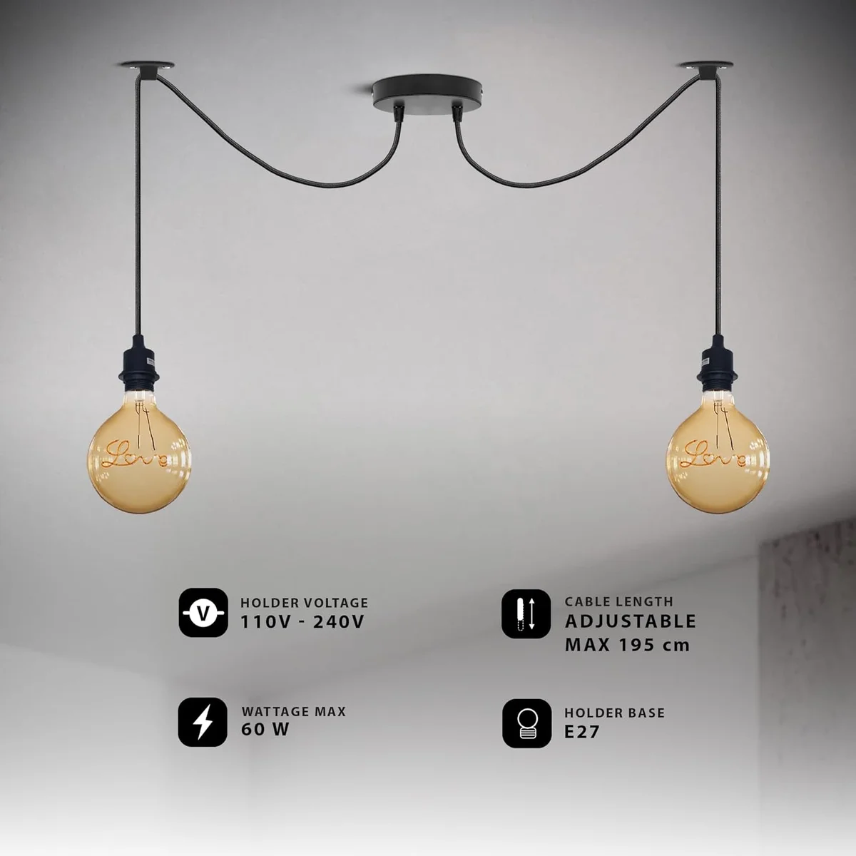 Modern industrial 2-light spider pendant with black finish and adjustable ceiling light cables hanging at staggered heights