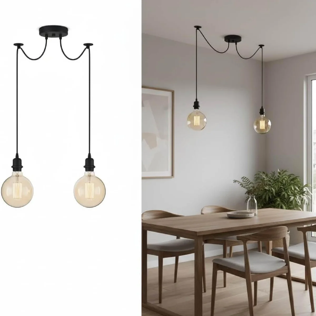Black modern industrial spider pendant light with two exposed E27 bulb pendant sockets hanging from adjustable cables