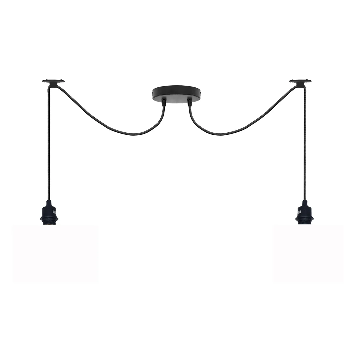 Modern industrial 2 light pendant lamp with two exposed bulbs and adjustable black fabric cables hanging from ceiling rose