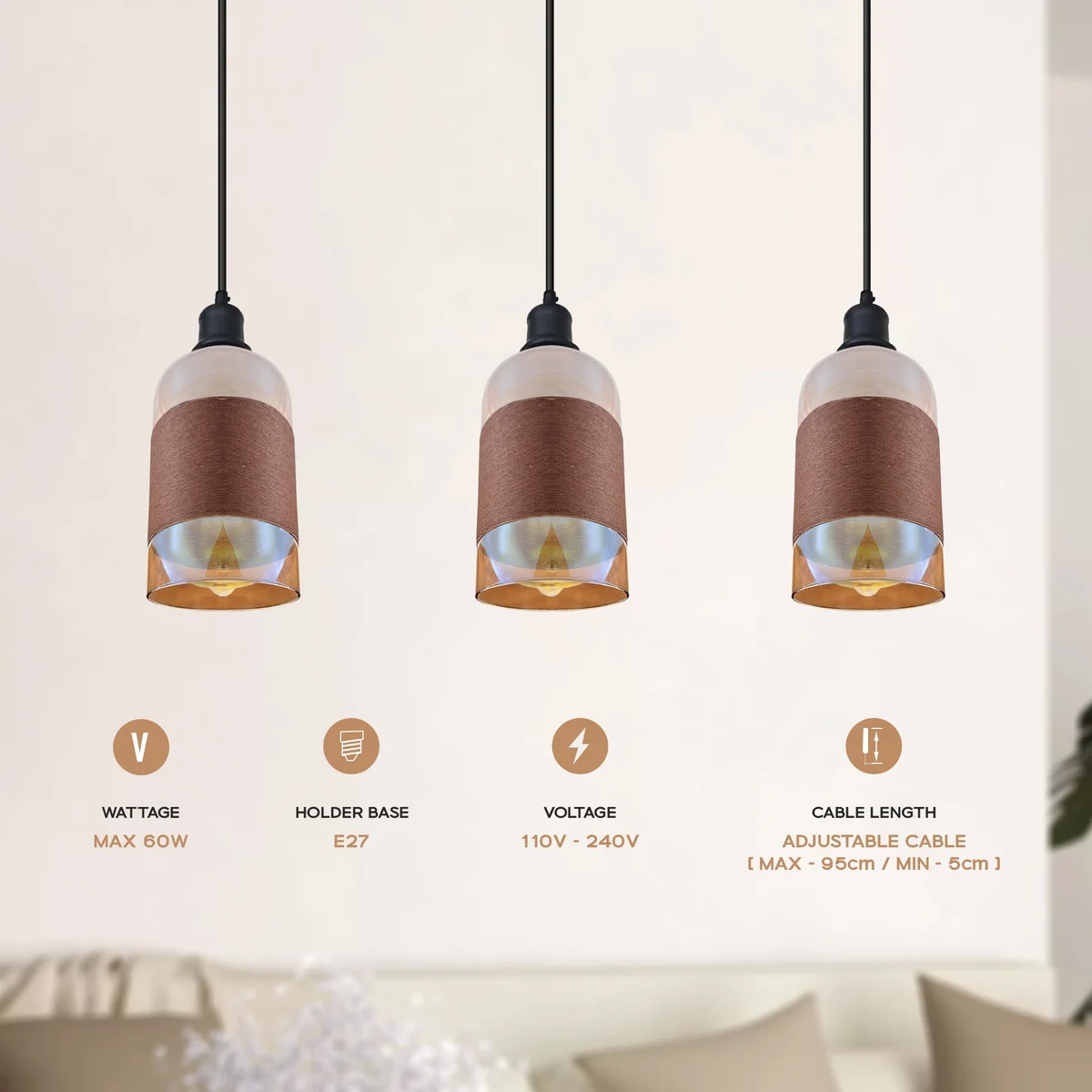 Adjustable pendant light with geometric floral crystal glass shade and visible bulb, modern ceiling fixture for indoor use