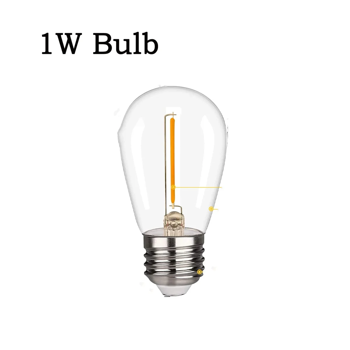 Shatterproof LED bulb with S14 shape and E27 base, designed for waterproof outdoor string lighting, 1W power.