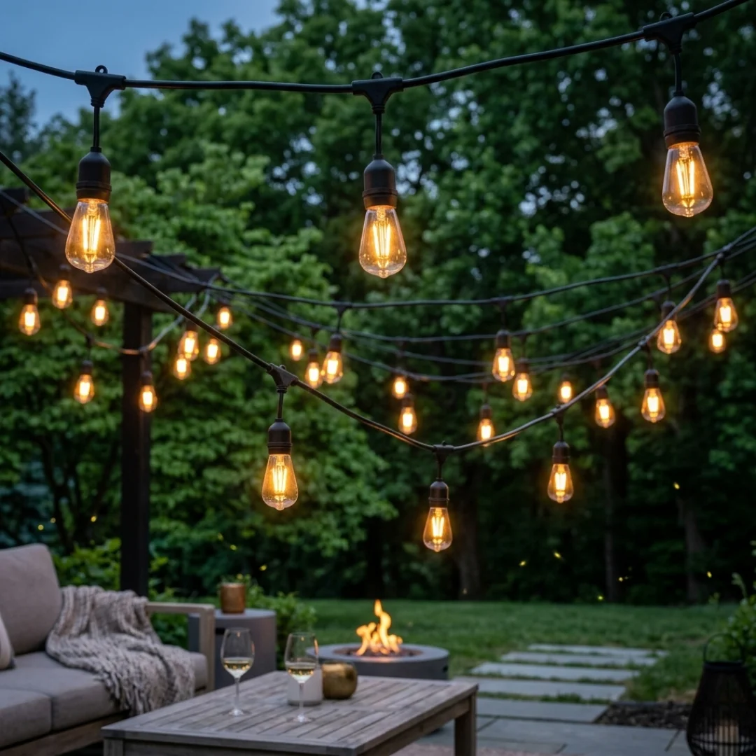 Shatterproof S14 LED bulb with E27 base glowing warmly, showcasing energy efficient light for outdoor use