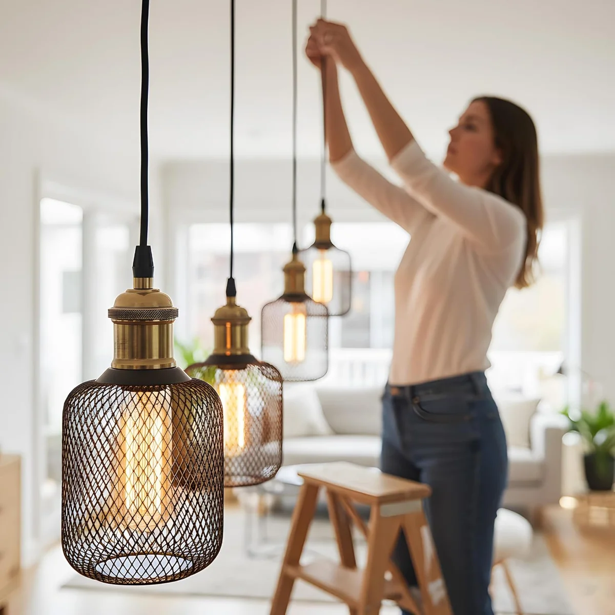 Black metal cage dimmable LED bulb with vintage Edison style filament and E27 base glowing warm white light