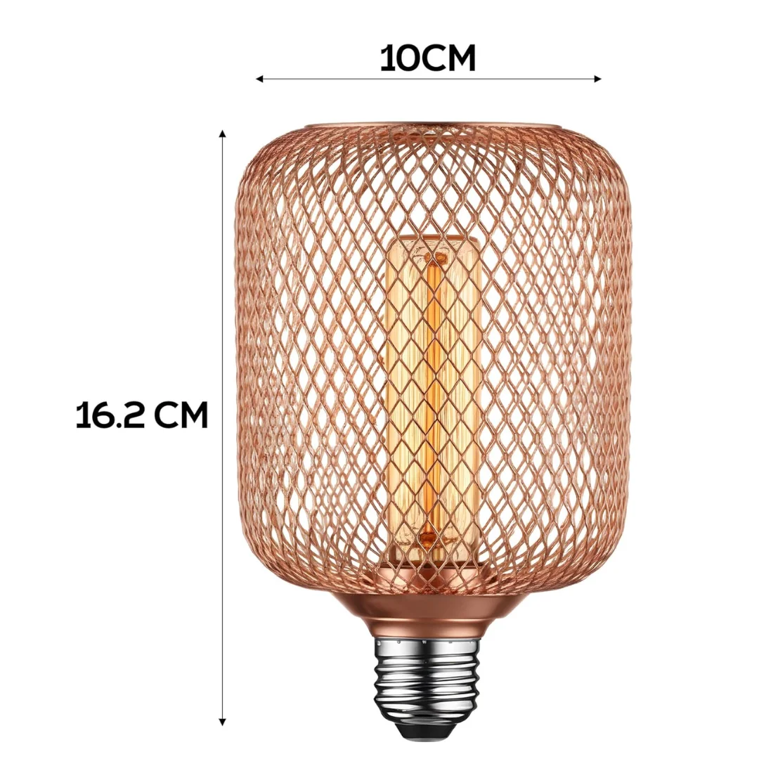 Black metal cage encasing a dimmable vintage Edison bulb with glowing LED filament, E27 base, 5W energy-efficient light
