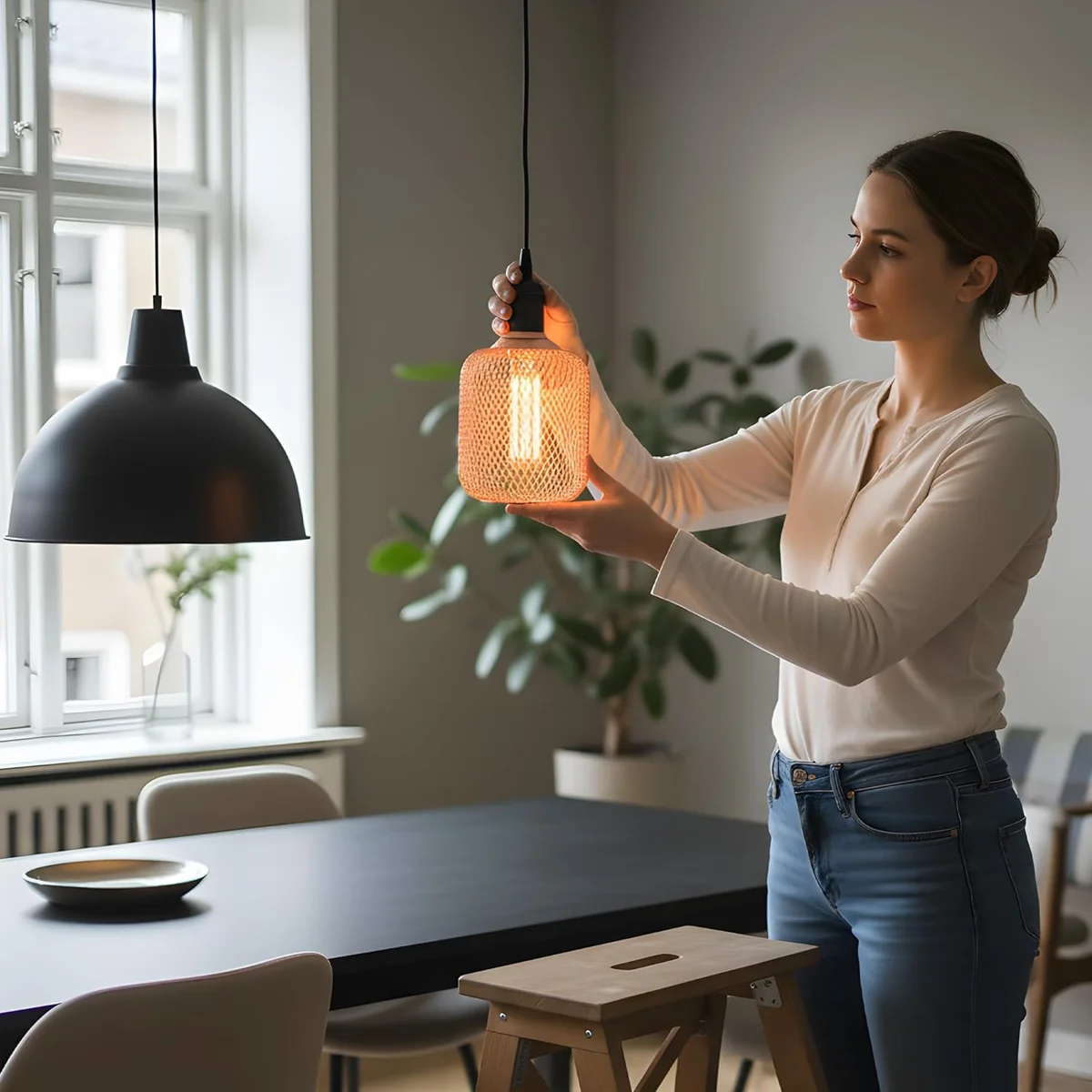 Black metal cage E27 LED bulb with dimmable vintage Edison filament glowing warm white light