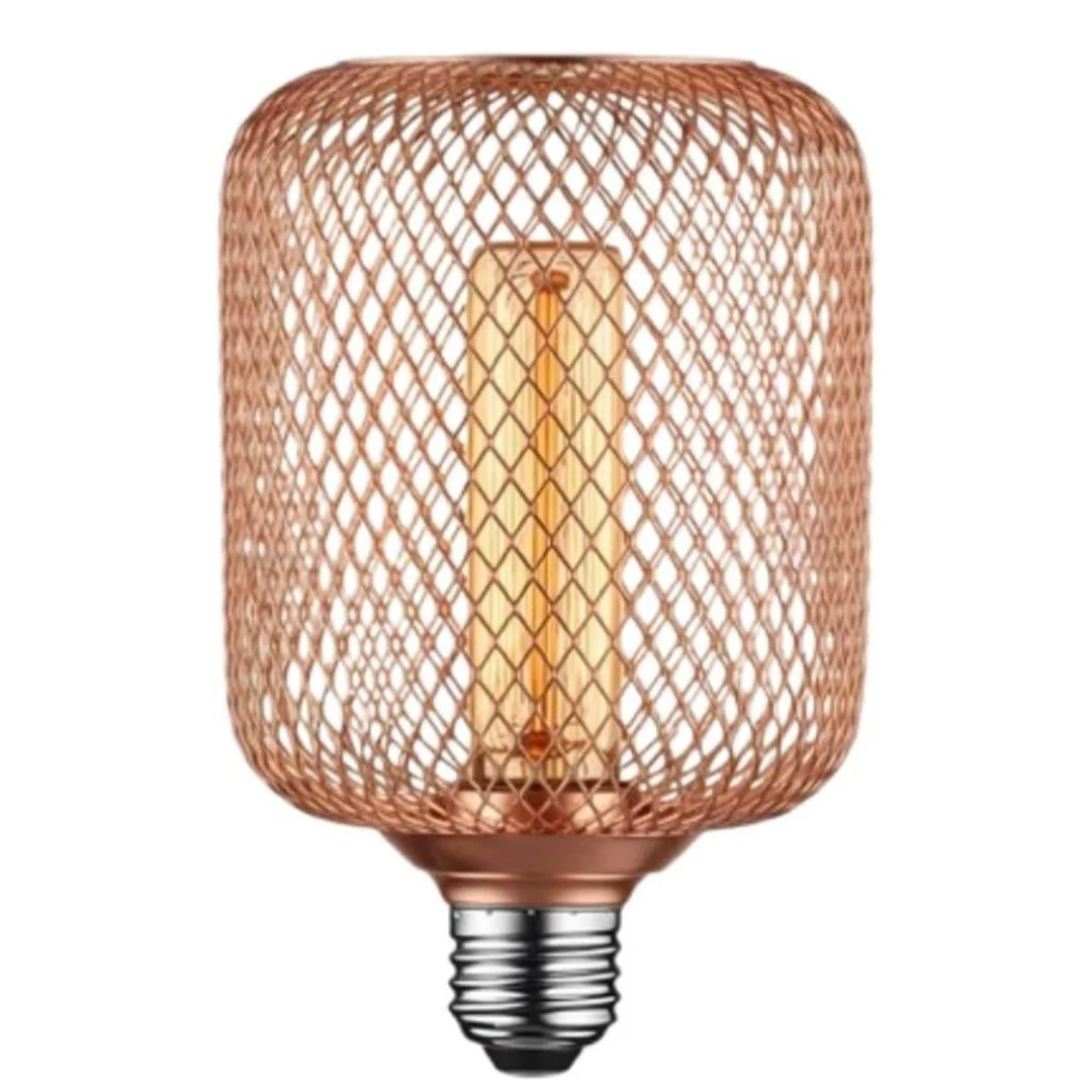 Black metal cage encasing a dimmable warm white LED bulb with vintage Edison filament design on E27 base