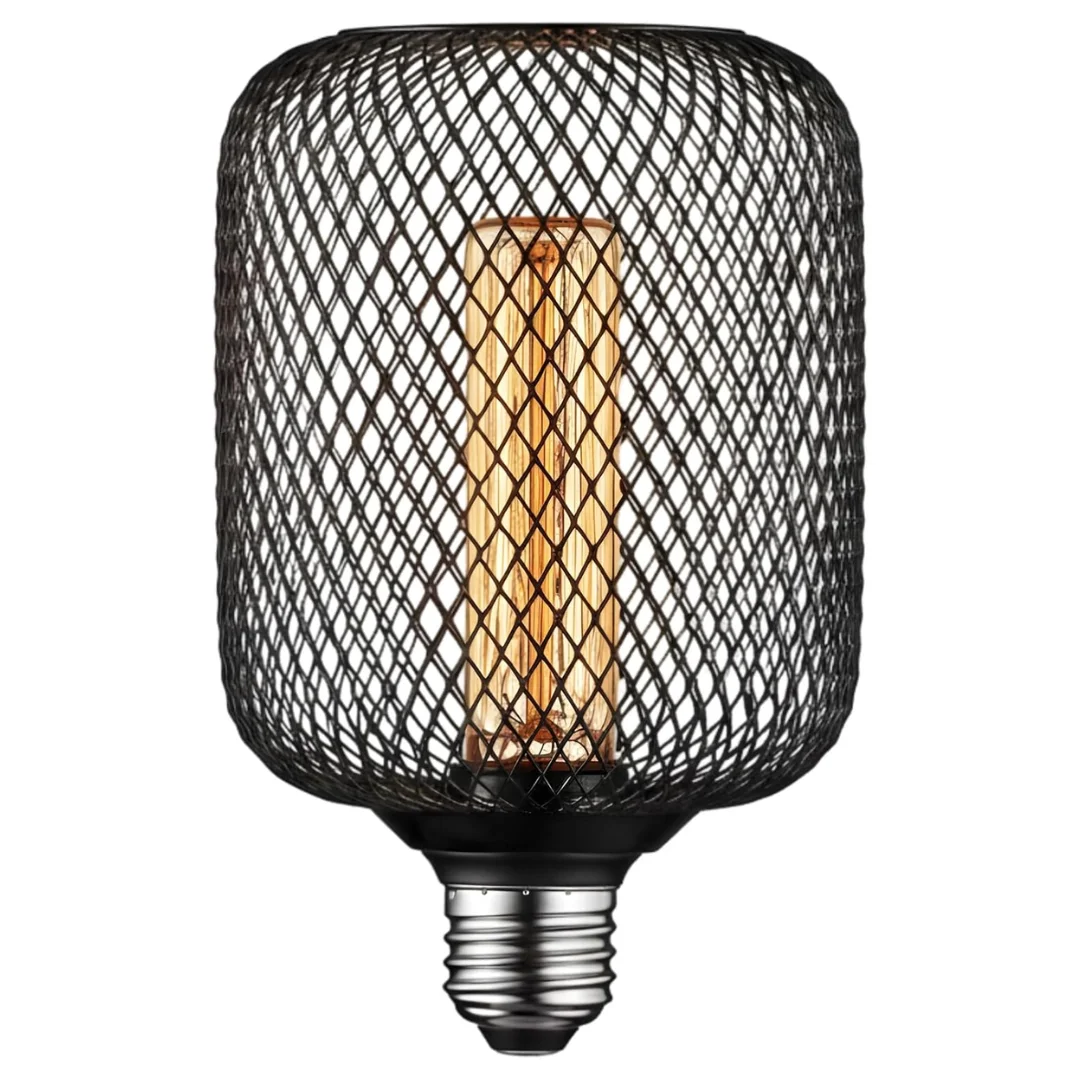 Black metal cage bulb with visible LED filament in a vintage Edison style, glowing warm white light.