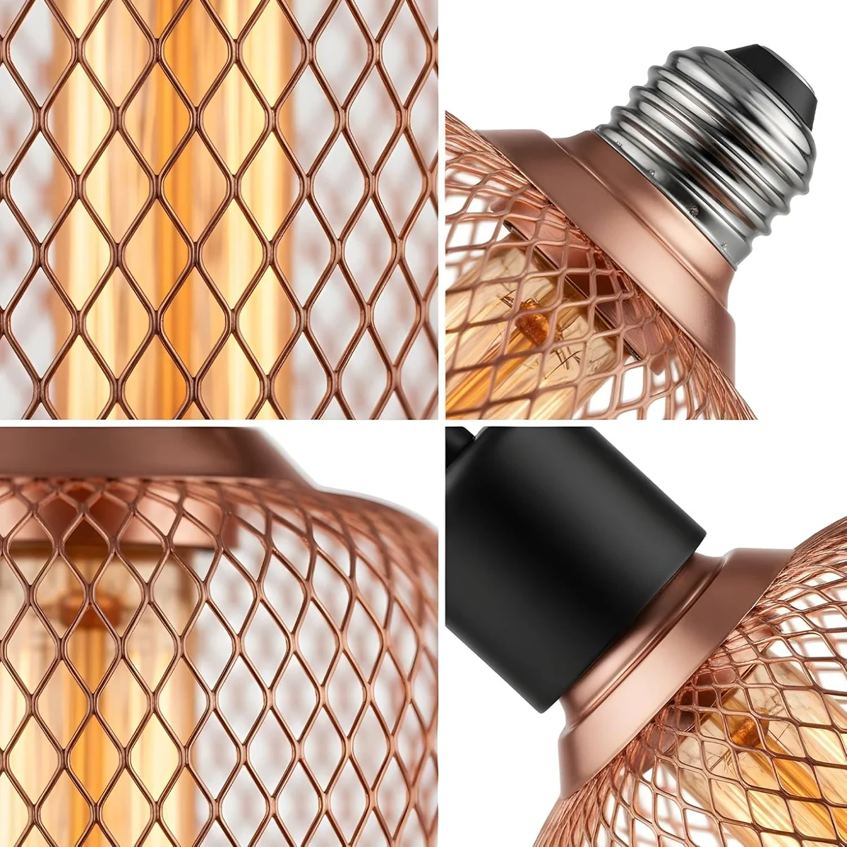 Black metal cage encasing dimmable vintage Edison energy efficient LED bulb with warm 2700K glow on E27 base