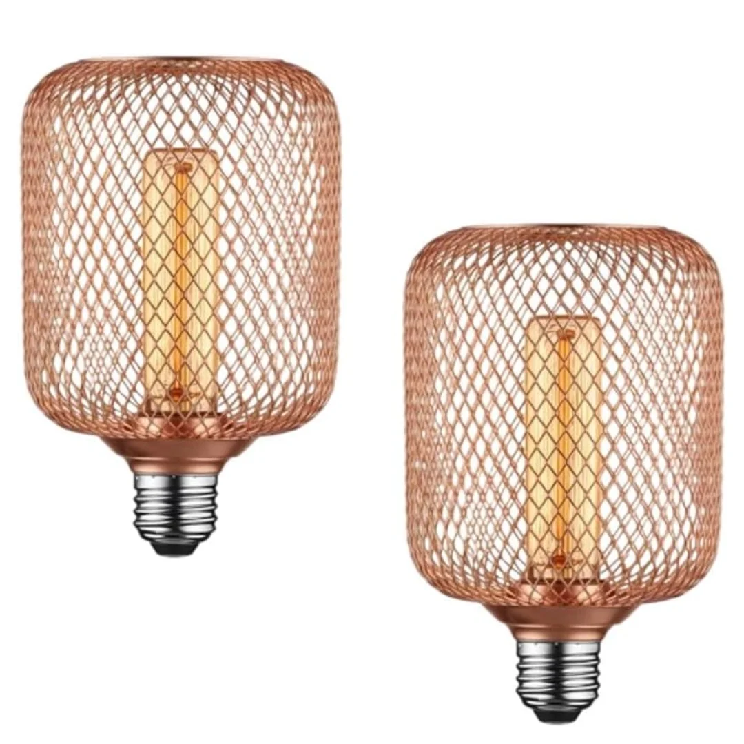 Black metal cage dimmable LED bulb with vintage Edison filament, warm 2700K glow, E27 base, 5W power, decorative lighting