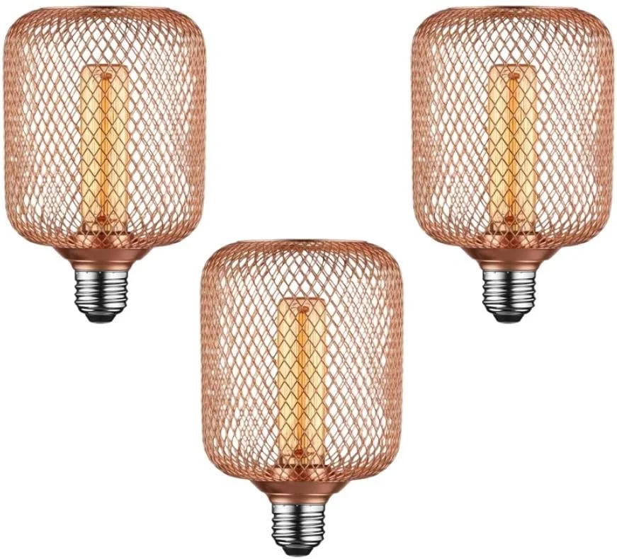 Black metal cage dimmable LED bulb with vintage Edison filament glowing warmly in a modern pendant light fixture