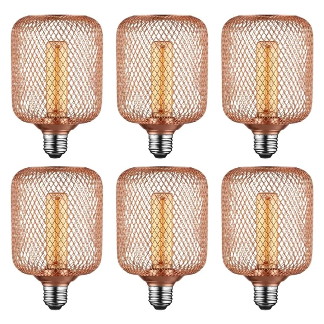 Black metal cage encasing a vintage-style dimmable LED bulb with glowing filament, E27 base visible