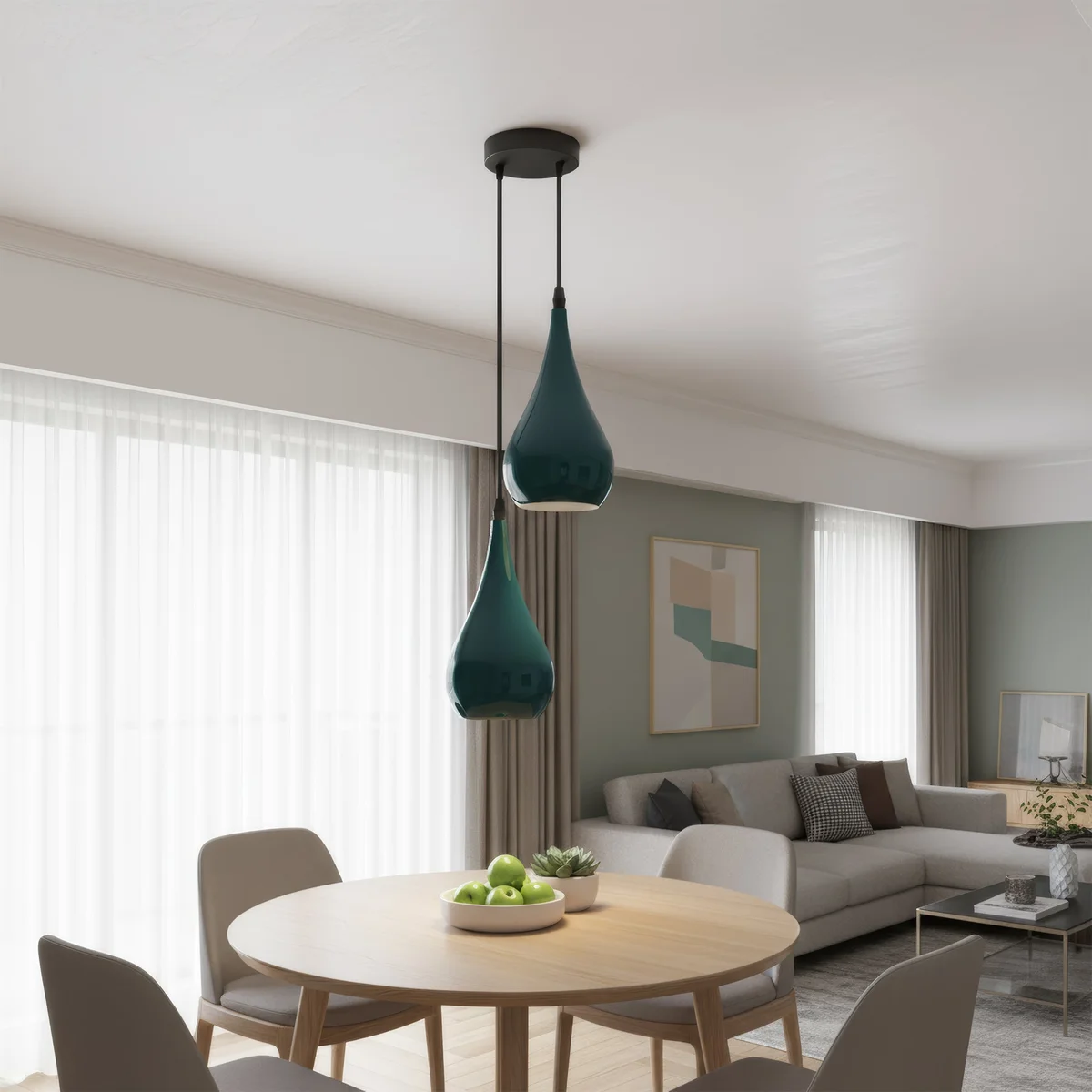 Retro cyan blue 2 head pendant light with E27 sockets hanging, ideal indoor ceiling lighting for warm atmospheres