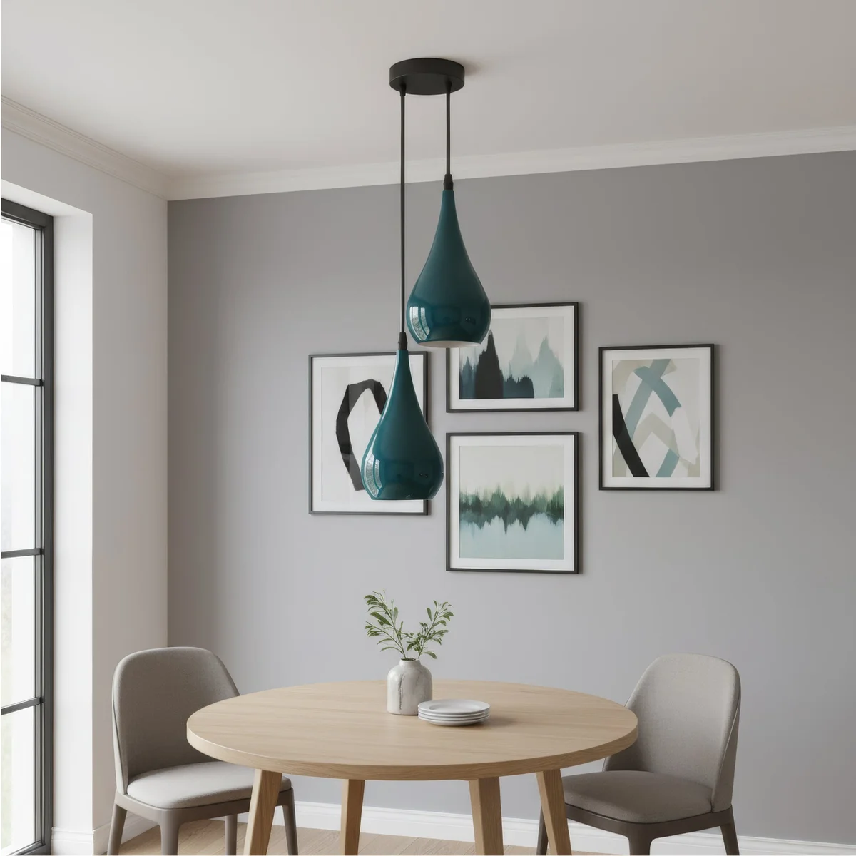 Cyan blue pendant light with two E27 sockets, retro style, metal and PVC, hanging from ceiling with 95cm cable indoors