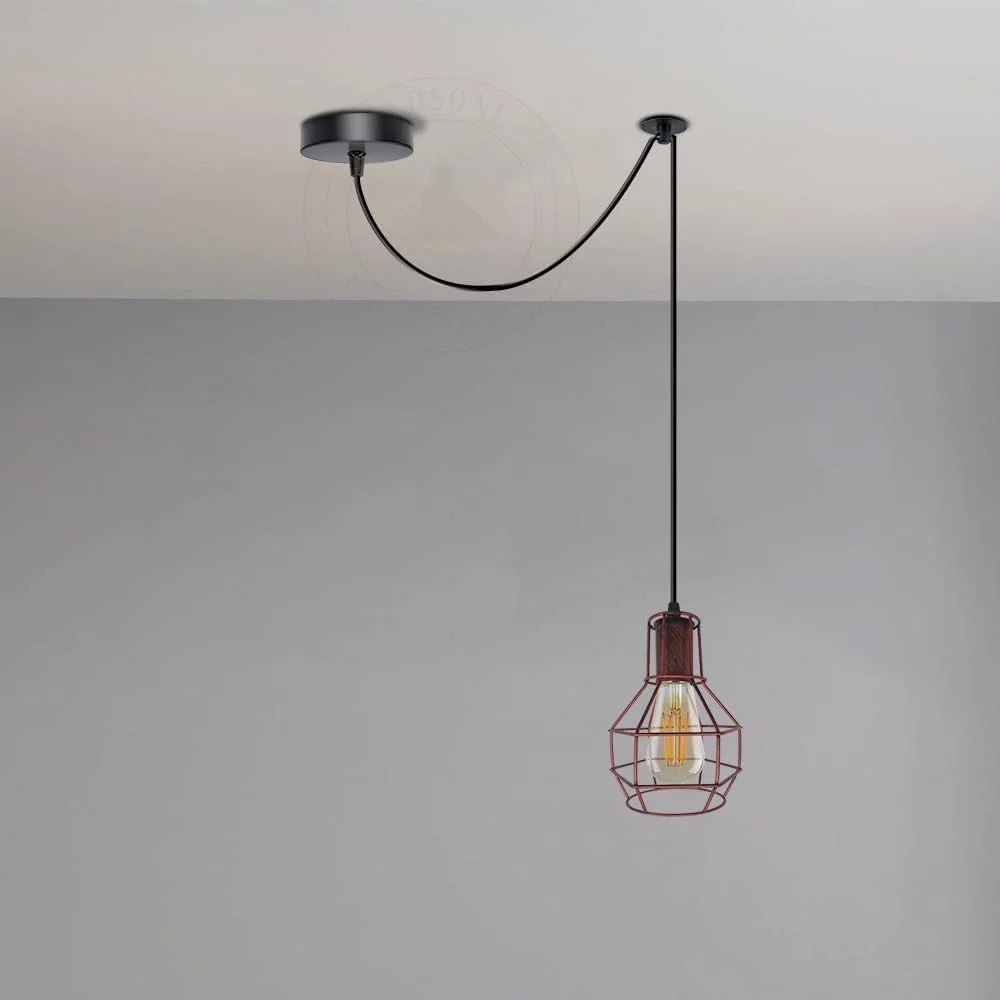 Industrial vintage chandelier with spider-shaped metal frame and classic wire cage lamp shades hanging indoors