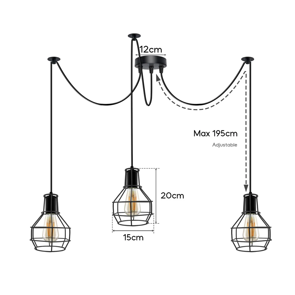 Industrial vintage ceiling light with spider-shaped metal frame and textured wire cage lamp shades, dimmable with E27 bulbs