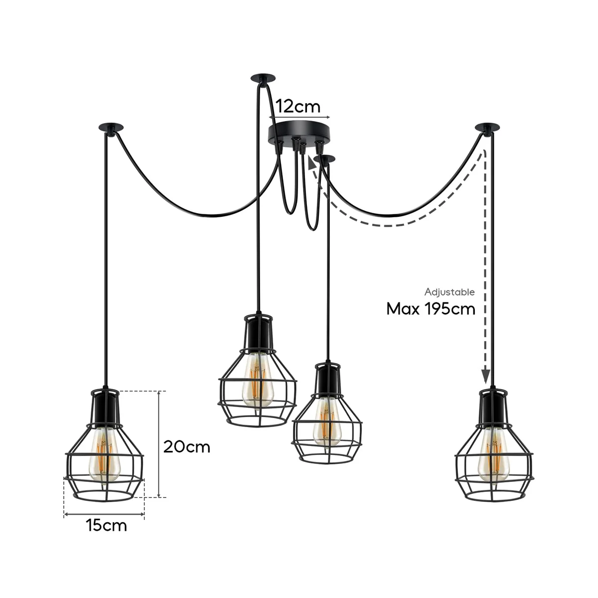 Industrial vintage spider chandelier with metal wire cage shades and adjustable brightness light for indoor use