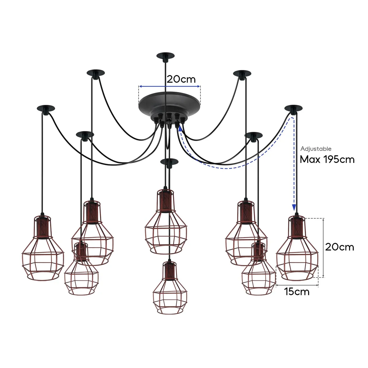 Industrial vintage spider-shaped E27 bulb chandelier with metal wire cage shades and octopus-inspired ceiling mount