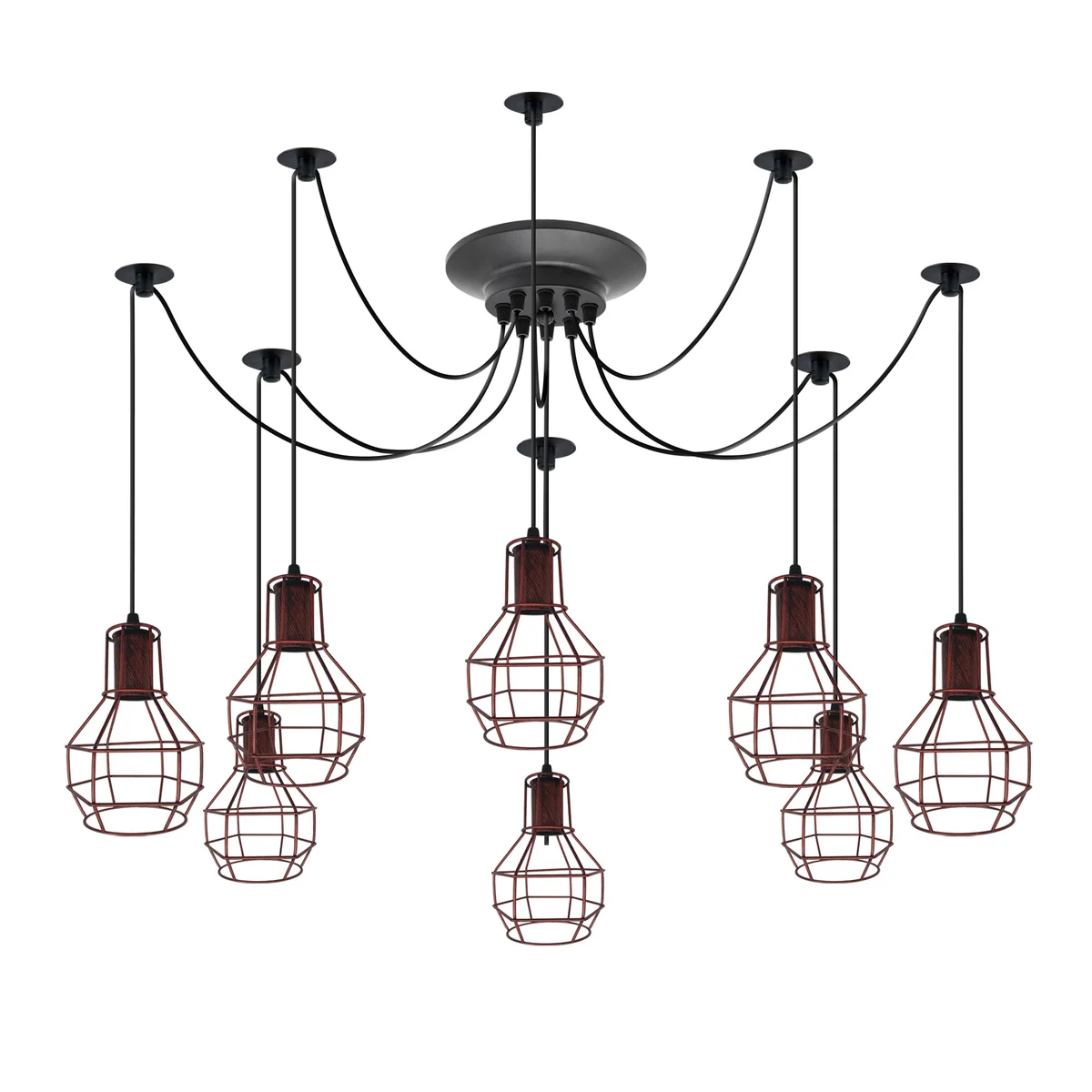 Industrial vintage chandelier with spider-shaped metal frame and classic wire cage lampshades in a warm indoor setting
