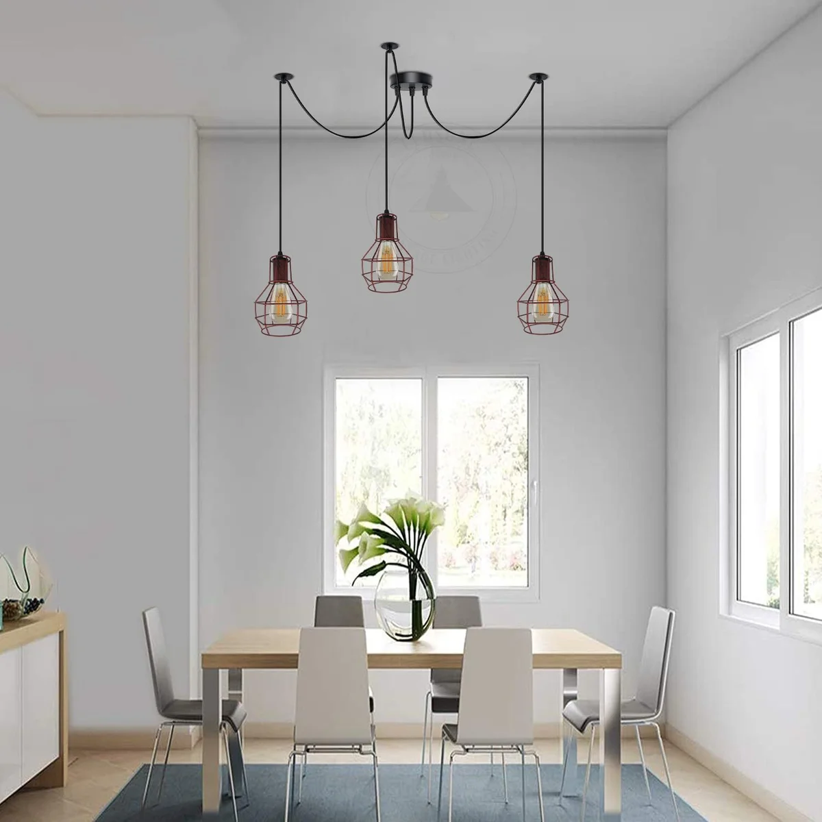 Industrial vintage chandelier with spider-shaped metal frame and textured wire cage shades, dimmable with E27 bulbs