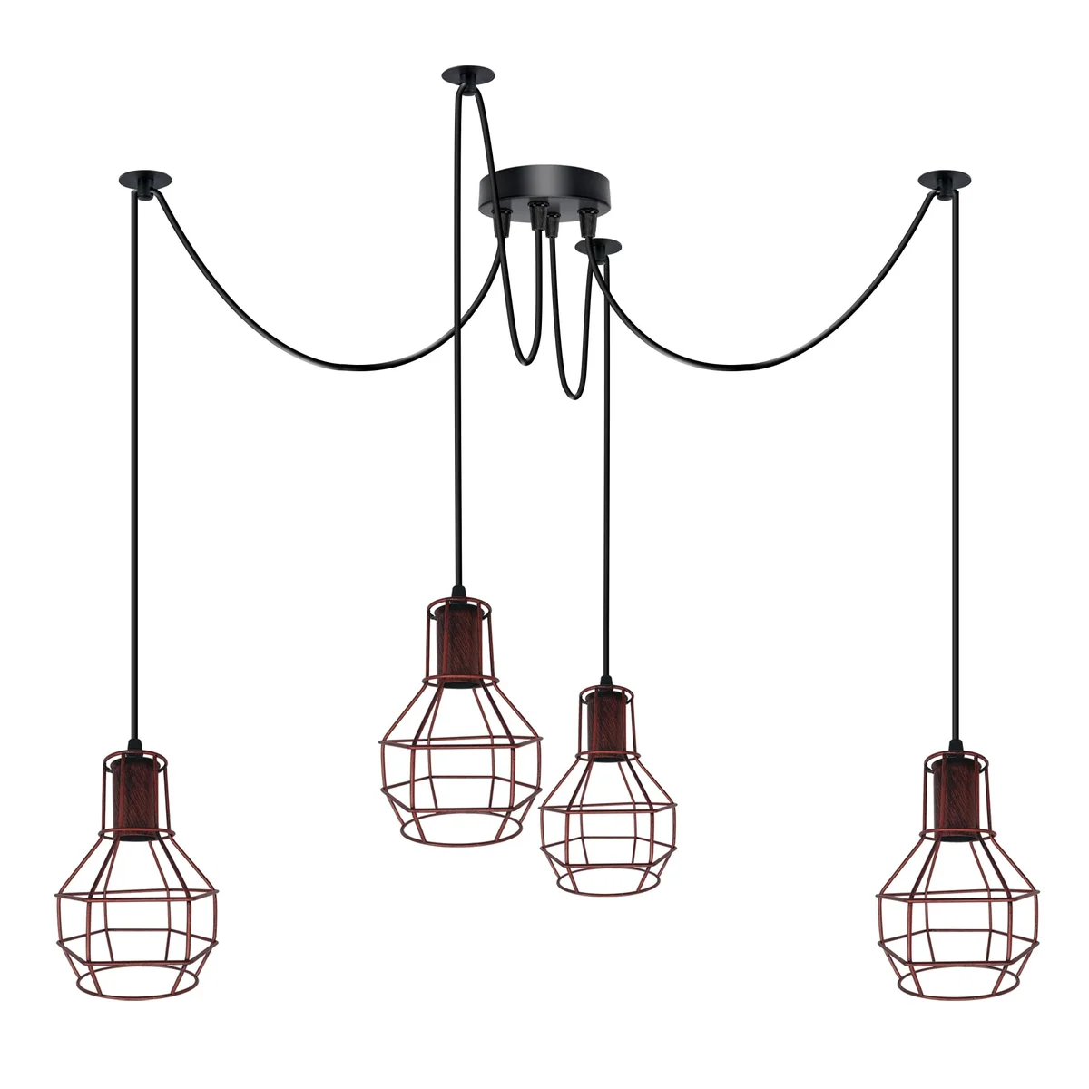 Industrial vintage chandelier with spider shape, metal cage shades, and octopus-inspired ceiling mount in a warm light setting