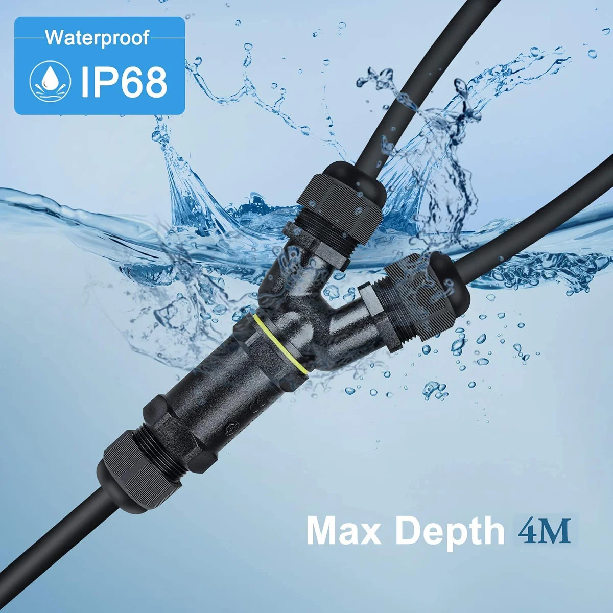 Black 2 way waterproof junction box with 3-pin connectors, nylon shell, and silicone sealing ring for outdoor use