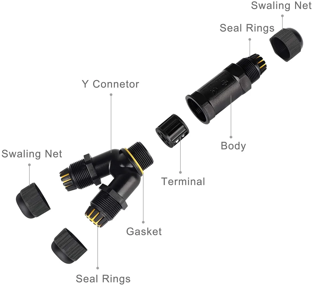 3-pin IP68 waterproof outdoor cable connector with nylon shell and silicone sealing ring for power and network cables