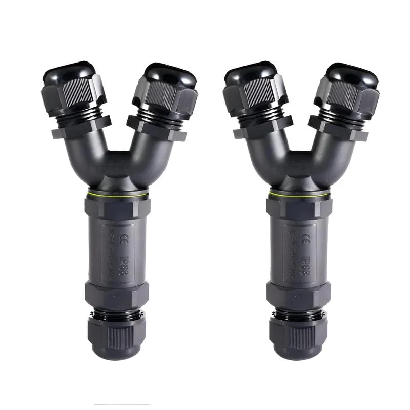 Close-up of 2-way waterproof junction box showing 3-pin nylon connector with silicone sealing ring and brass clamps