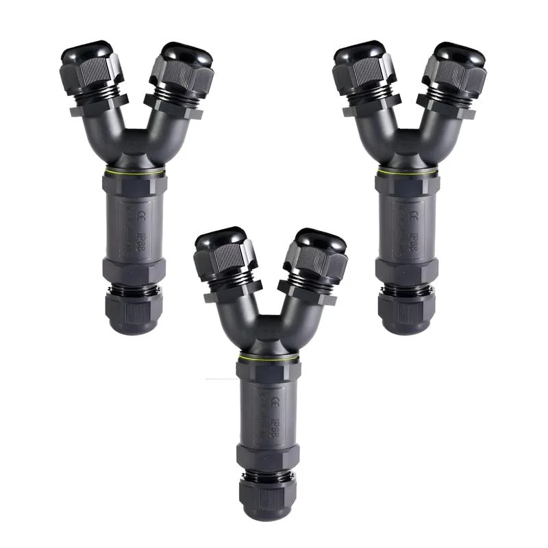 Black 2 way waterproof junction box with 3-pin connectors, IP68 rated for outdoor electrical cable connections