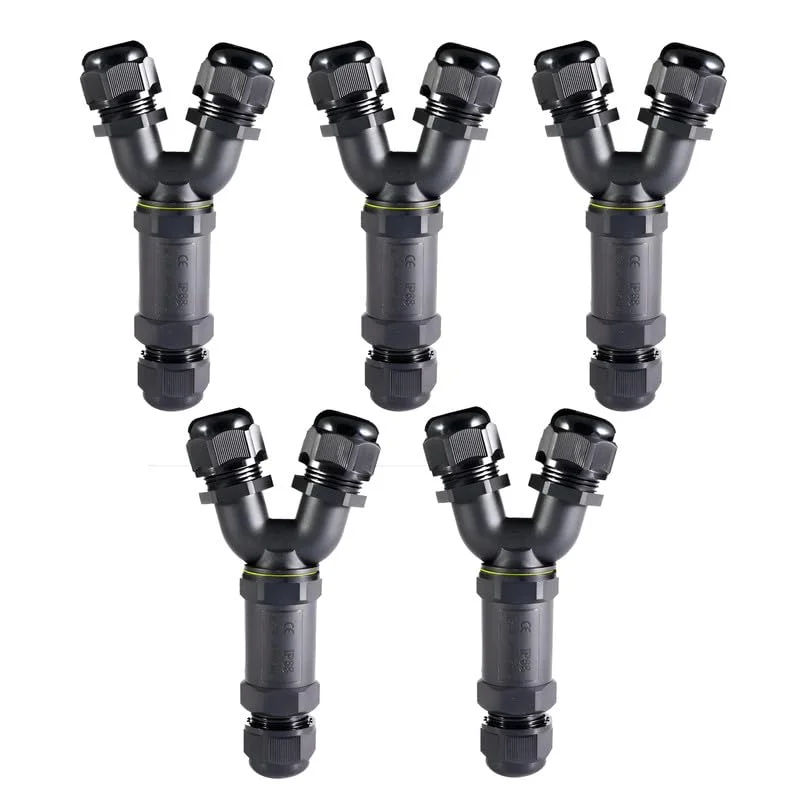 Black 2 way waterproof junction box with 3-pin connectors, nylon shell, and silicone sealing ring for outdoor use